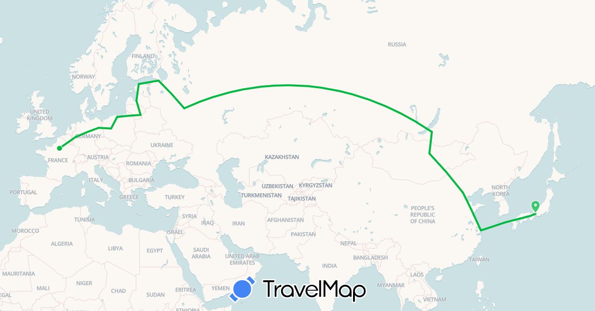 TravelMap itinerary: driving, bus in China, Germany, Estonia, France, Japan, Lithuania, Latvia, Mongolia, Poland, Russia (Asia, Europe)